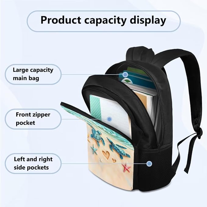 School Backpack Set, Sea Turtle Starfish Print Portable School Bags with Water Bottle Carrier Lunch Boxes Pencil Cases for Teens Student Bag Daypack Set 4 in 1 - Image 2