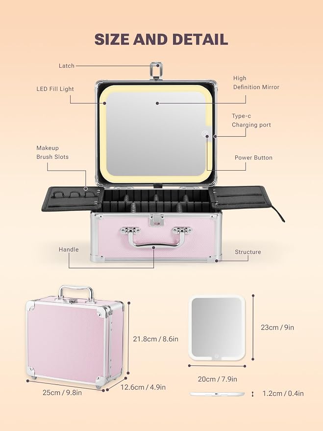 Qislee Makeup Box with Detachable Magnetic LED Mirror, Travel Train Case | Makeup Organizer, Cosmetic Travel Bag for Women, Adjustable Dividers, Brush Slots, Skincare Storage, Portable, Icy Pink - Image 3