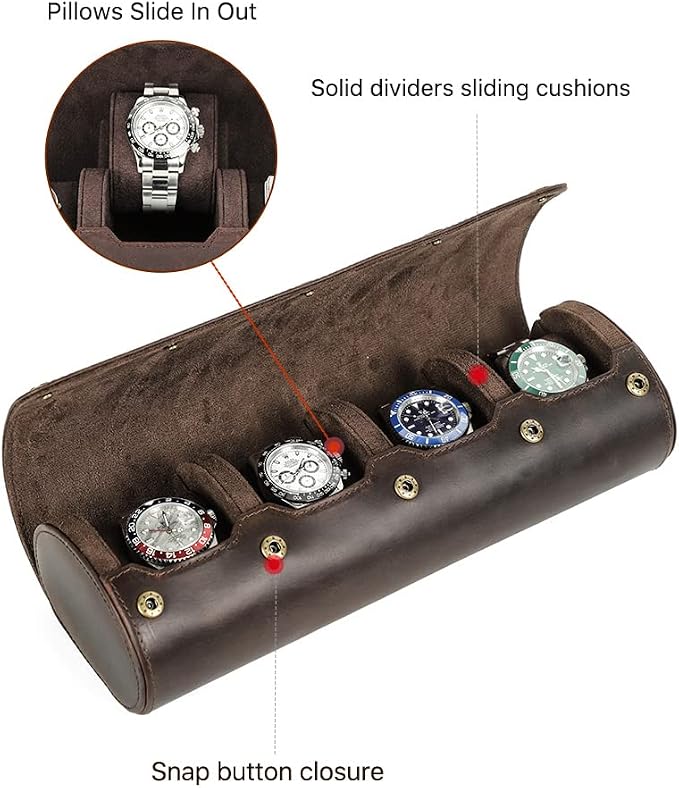 Hiram Leather Watch Roll Travel Case,Vintage Crazy Horse Leather 4-Slots Watch Box with Removable Velvet Pillows, Secure Metal Clasp, Perfect for Daily Display & Business Travel - Image 3