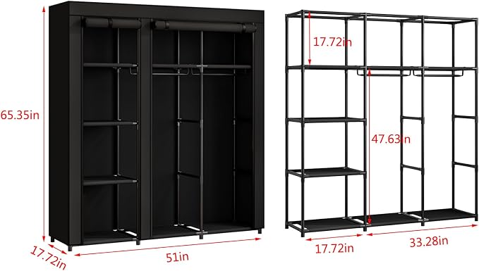 SORCEDAS Portable Wardrobe Closet Storage Organizer Metal Hanging Rack Non-Woven Fabric (Black, 51 Inch) - Image 5