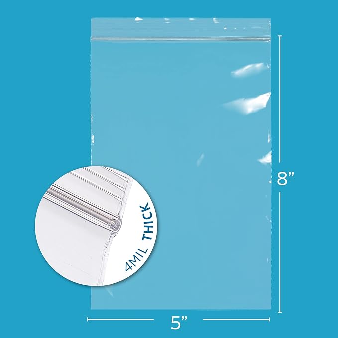 5" x 8" Heavy-Duty Zip Bags - 100 Count - Clear Plastic Reclosable Zipper Baggies, 4 Mil Thick Freezer Storage Poly Bags with Resealable Zip Top Lock for Packaging Food, Tools & Sharp Objects. - Image 2