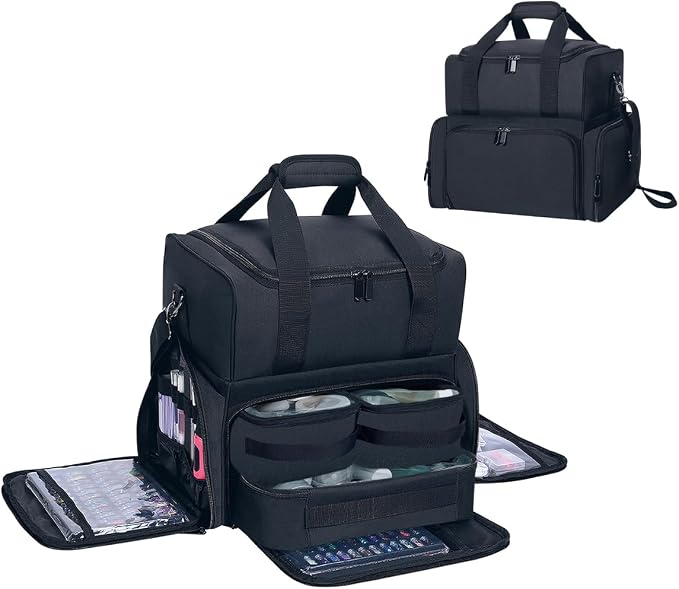Large Makeup Bag Double Layer with 3 Removable Case,Black | Large Makeup Bag with 3 Removable Case and 2 Removable Dividers Double Layer Travel Cosmetic Makeup Brushes Storage Section by UOZL