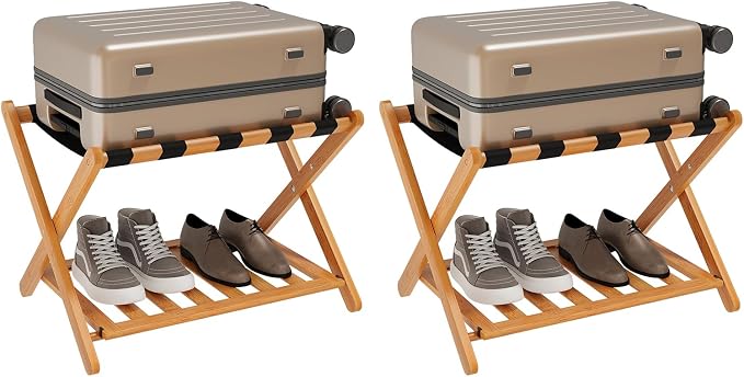Smuxee Fully Assembled Honey Luggage Racks Pack of 2, Upgraded Bamboo Foldable Suitcase Stand with 5 Nylon Straps, Luggage Holder with Shelf for Guest Room Bedroom Hotel - Image 8