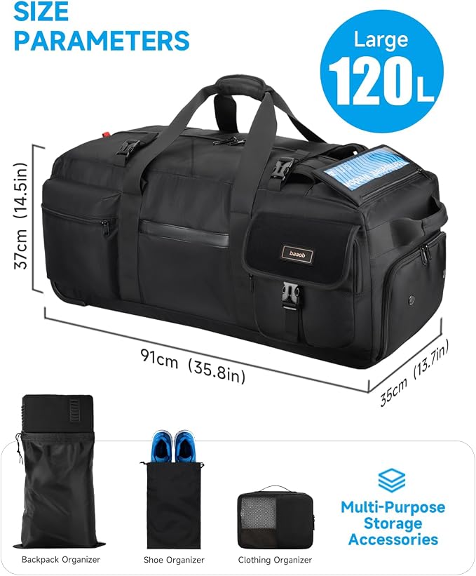 120L Rolling Duffel Bag with Wheels, Foldable Extra Large Travel Duffle Backpack, Waterproof Heavy Duty Luggage Bag with Shoe Compartment for Moving, Camping, College Move-In, Hospital, Sports Gear - Image 4