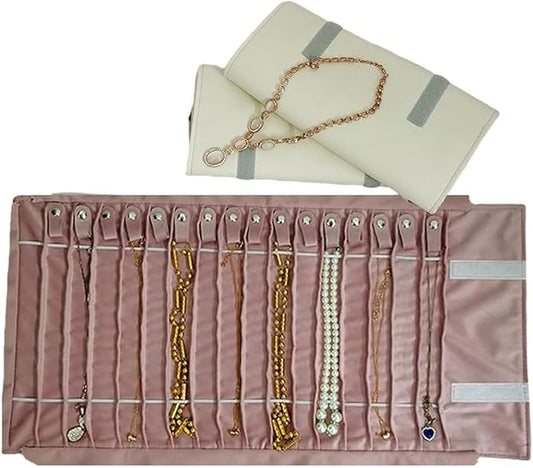 Travel Necklace Organizer, Tangle Free Jewelry Case, 16 Slots | Foldable,LightWeight Compact, Velvet Lining Jewelry Storage Bag for Chain Bracelet, Gift for Women Girls,Gray PU and Pink by SCIKHEFT