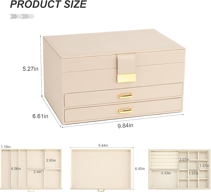 Jewelry Box, 3-Tier with 2 Drawers, Beige, Modern, Women's Jewelry Organizer - Image 7