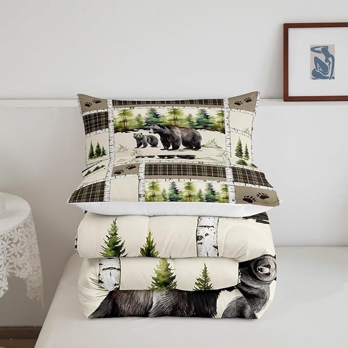 Erosebridal Bear Comforter Set Rustic Hunting Animal Bedding Set Full Farmhouse Jungle Quilt Set Plaid Lattice Patchwork Artwork Duvet Insert with 2 Pillowcases Cabin Gift Microfiber Cozy - Image 6