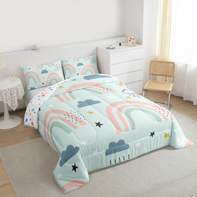 Rainbow Comforter Set For Girls, Cartoon Stars Cloud Quilt Kawaii Decor, Cute Rainbow Ripple Down Comforter For Kids Boys Child Women, Iridescent Stripes Bedding Set With 2 Pillow Cases, King Size - Image 4