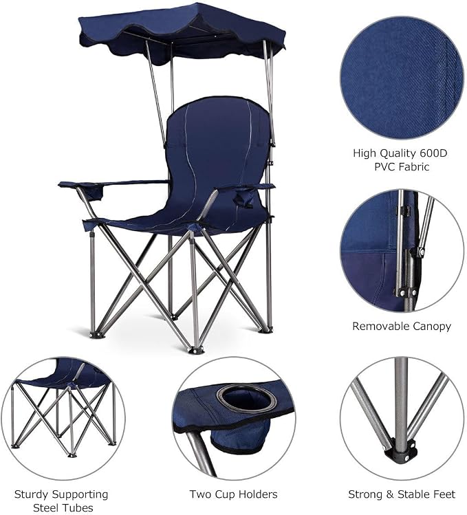 COSTWAY Portable Camping Chair with Canopy, Outdoor Lawn Chair with Shade, Carry Bag, Cup Holder, for Travel, Picnic, Beach (Blue) - Image 5