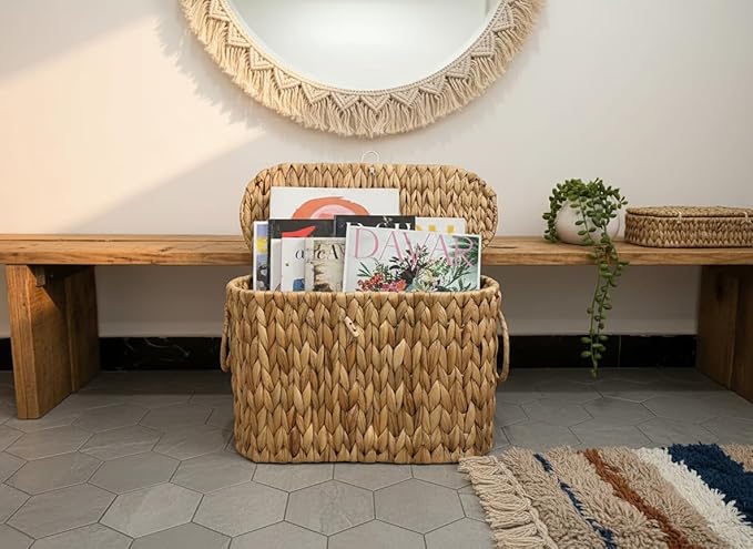 Coeusy Toilet Paper Basket with Lid,Wicker Basket for Bathroom Organizers and Storage,Holds Up to 6 Mega Rolls, Decorative Hand-Woven Rattan Bathroom Decor Accessories,Natural Water Hyacinth - Image 3
