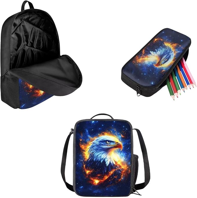 Mumeson Eagle Flame 3 in 1 Backpack for Students,Lightweight School Bags Rucksack Large Bookbags Backing to School Daypack Insulated Lunch Tote Bag with Pencil Case Pouch Storage - Image 2