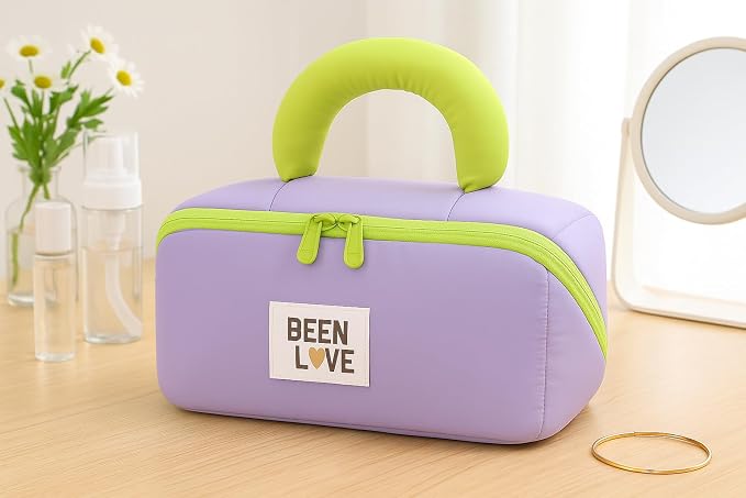 Travel Makeup Bag for Women | Portable Cosmetic Organizer with Handle & Zipper | Waterproof Toiletry Pouch for Makeup Brushes, Skincare & Accessories, Purple, Cross Open Bag - Image 7