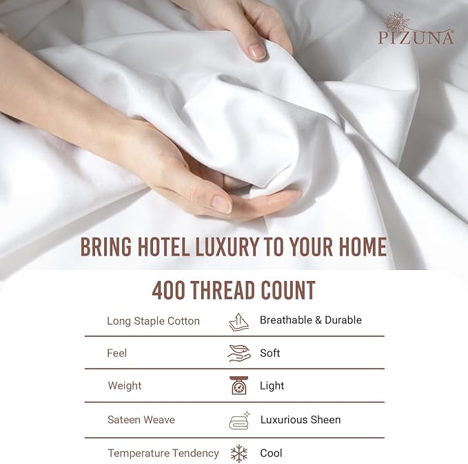 Pizuna Pure 100% Long-Staple Cotton Duvet Cover + Sheet Set Twin, Luxurious 400 Thread Count Long Staple Cotton, Soft Sateen Weave Bedding Set (White) - Image 5
