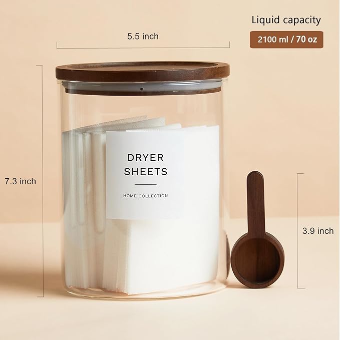 Glass Laundry Storage Containers with Acacia Lids and Scoops, 2 Pack Laundry Room Organization Jars with Labels, Powder Detergent Organizer and Laundry Pod Holder, Glass Laundry Beads Canisters Set - Image 2
