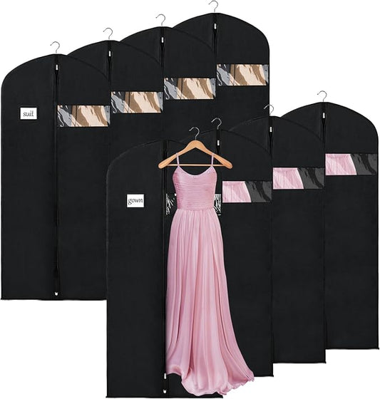 Syeeiex 60'' Garment Bags for Hanging Clothes(Set of 8), Dress Bags for Gown, Garment Bag for Dresses Long, Dress Garment Bag for Suit, Evening Dresses, Fur Coat, Long Dress Gown(Black) by syeeiex