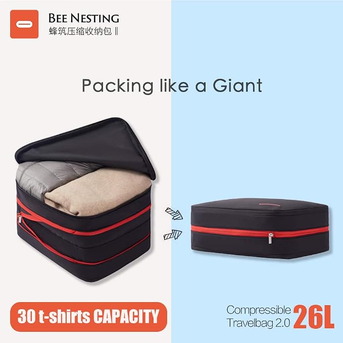 Bee Nesting Compression Packing Cubes for Travel - Large 26L Expandable Luggage Organizer with Clean/Dirty Compartments, Water-Resistant Nylon Space Saver Bag for Carry-on Suitcase（26L/GrayRed） - Image 2