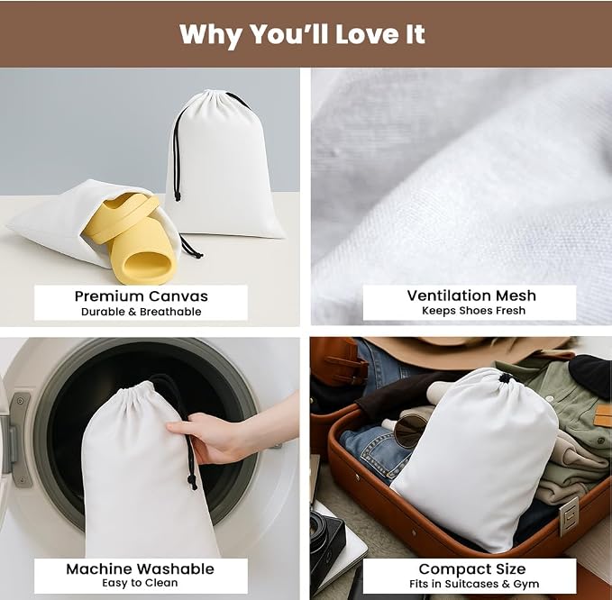LFH Cotton Rich Shoe Storage Bags with Drawstring, Dustproof Breathable Reusable Organizer, Perfect For Travel, Dorm, Hotel, College, Gym, Easy to Carry, Machine Washable 8"x17" (Pack of 4) - White - Image 3