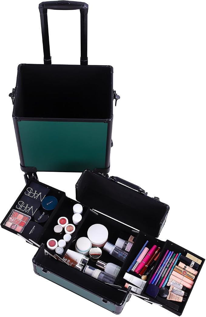 Karl home 4 in 1 Makeup Train Case Rolling Cosmetic Trolley Large Capacity Travel Organizer with Key 360°Swivel Wheels Suitcase for Beauticians Hairstylists Nail Tech Students,Dark Green - Image 8