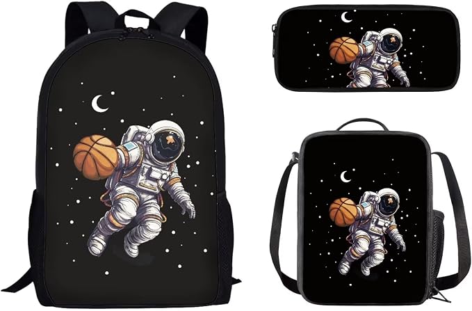Mumeson Astronaut Basketball Backpack School Bags Set for Teenagers Boys Backpack Book Organizer Shoulder Bag + Lightweight Lunch Tote Bag + Portable Pouch Pencil Case by Mumeson