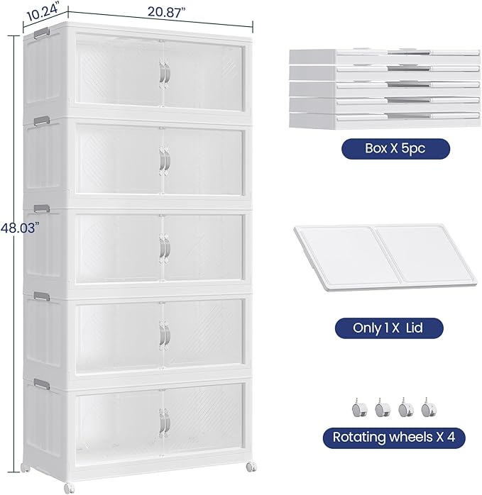75Gal/300QT 5-Tiers Extra Large Stackable Storage Bins with Lid, Collapsible Cabinet Closet Organizer Plastic Container Box with Wheels Doors Drawers for Office Dorm Kitchen, White - Image 2