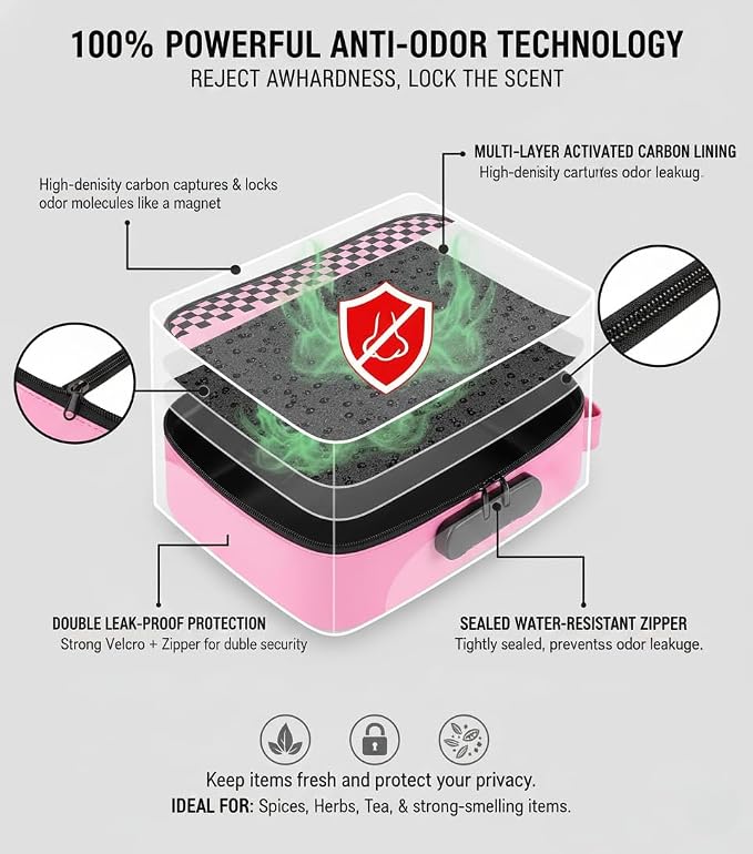 ANZOME Smell Proof Bag with Lock, Activated Charcoal Case, Pink | Lockable waterproof zipper pouch, controls odor, includes seven accessories, discreet stash organizer for home & travel, big - Image 3