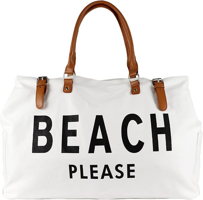 Lamyba Beach Bag with Vegan Leather Handle, Extra Large Beach Bag for Women Waterproof Sandproof, White | with Vegan Leather Handle - Image 8