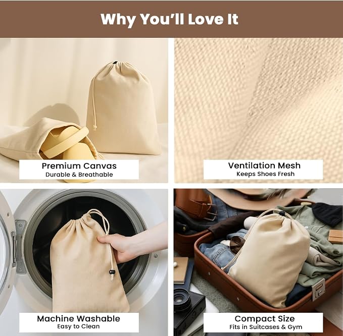 LFH Cotton Rich Shoe Storage Bags with Drawstring, Dustproof Breathable Reusable Organizer, Perfect For Travel, Dorm, Hotel, College, Gym, Easy to Carry, Machine Washable 12"x17" (Pack of 6) - Natural - Image 3