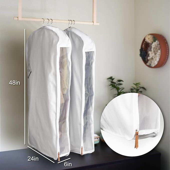 1PC Luxury 48'' Organic Cotton Garment Storage Bag | 4 Cedar Blocks for Fresh Smell| Breathable Garment Bag for Hanging Clothes for Closet Best for Suits, Sweaters, Short Dresses, Gowns - Image 2