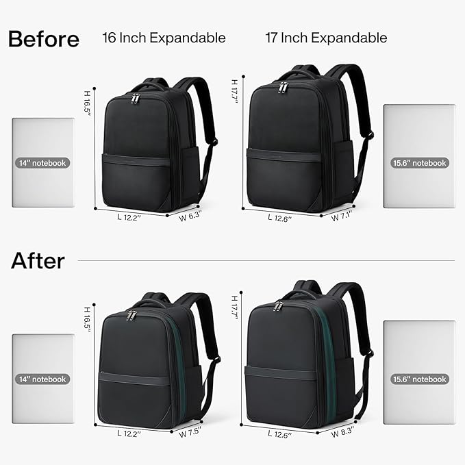 Hanke Expandable Travel Backpack 17 Inch, Full-Open Laptop Backpack, Black | Fits 15.6 Inch Laptop, Water-Resistant, Carry On Personal Item Bag, 20L-25L, Trolley Sleeve, Business Work Bag for Women Men - Image 2