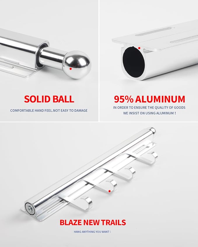 BaiNong Valet Rod for Closets Pull Out 12" Silver with 4 Hooks | Closet Valet Rod Slide Out for Closets, Laundry Rooms, RVs Space-Saving - Image 5