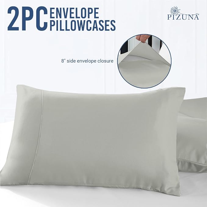 Pizuna 100% Cotton Pillow Cases Queen Size Set of 2 Luxury 1000 Thread Count Sateen Weave Long Staple Cotton Hotel Quality Envelope Closure Pillow Covers Fits Standard/Queen Pillows - Silver - Image 3