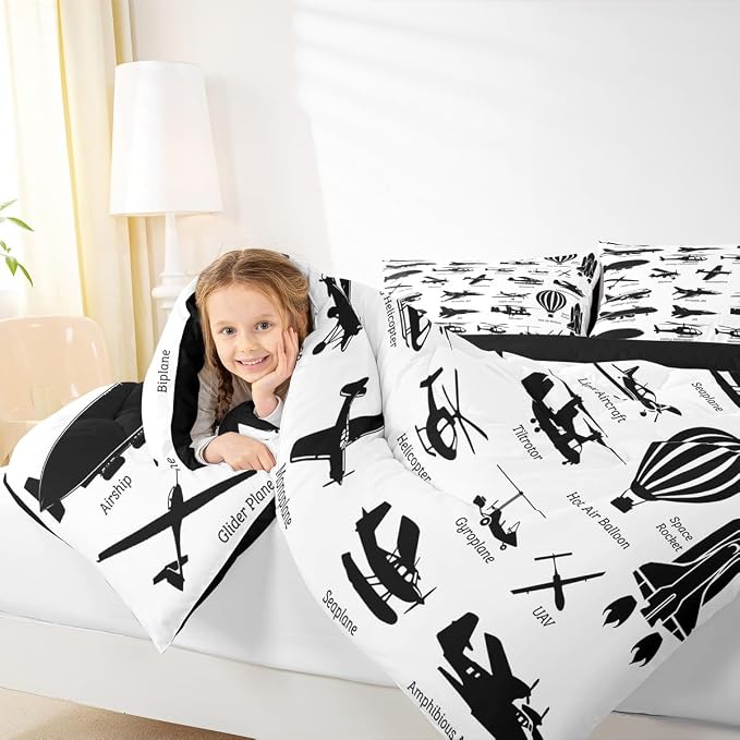 Erosebridal Airplane Comforter Set Twin,Black White Airplanes Bedding Set Space Rocket Aircraft Down Comforter for Boys Kids Teens Room Decor,Helicopter Biplane Quilt Duvet Sets with 1 Pillow Case - Image 6