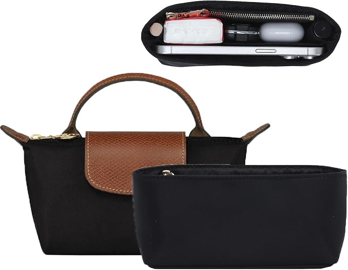 Soft Nylon Purse Organizer Insert for Longchamp Le Pliage Mini Handbag, Lightweight Luxury Long Champ Mini Handbag Storage Divider with 5 Upgraded Deepened Compartments,XS/Black by OAIKOR