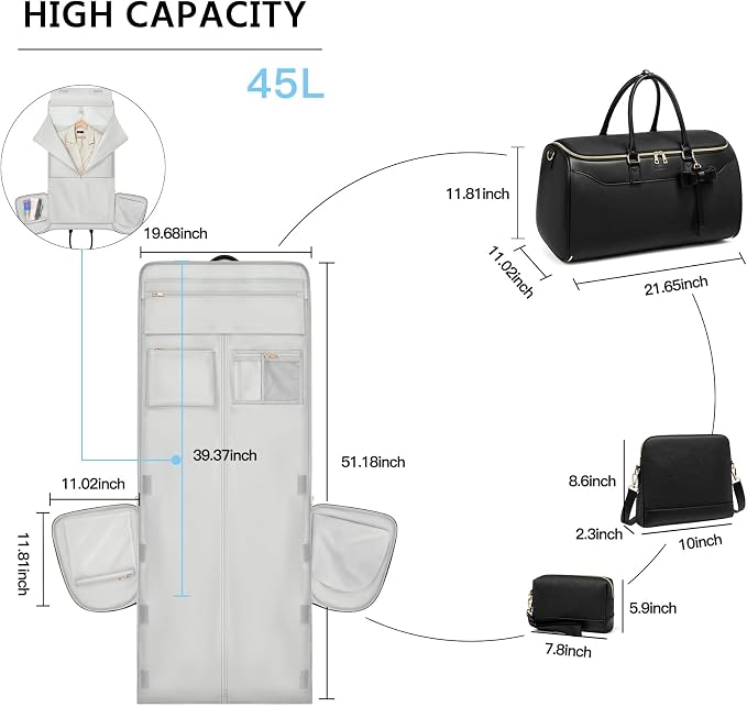 Garment Bags for Travel,45L Carry on Convertible Garment Duffle bag for Men Women - 3 in 1 Hanging Suit Travel Bag with Shoulder Strap (Black-A) - Image 3