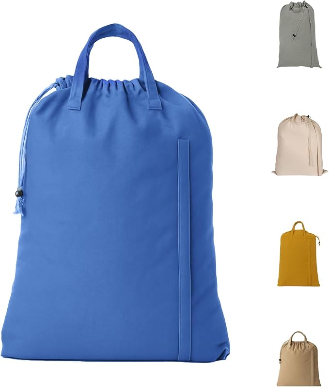 LFH Home Cotton Rich Canvas Large Laundry Bag with Handle, Heavy Duty Drawstring Closure Washable Laundry Bags, School Travel, Home, Hotel, College Dorm, Organizer Sack, Toys Clothes 28x36-Sky Blue by LFHHomePrivateLimited