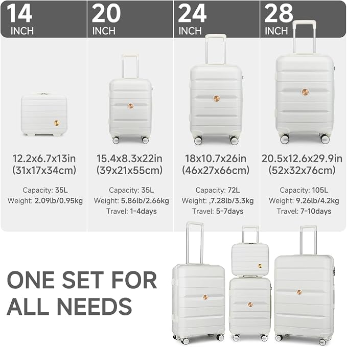 Somago Luggage Sets 4 Piece Lightweight Hardside Polypropylene Travel Suitcases with Double Spinner Wheels and TSA Lock,Creamy White - Image 4