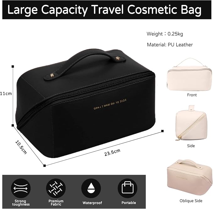 CORIOS Toiletry Bag For Women Portable Make Up Bag Waterproof Wash Bag PU Leather Cosmetic Bag Bathroom Shower Bag Multifunctional Travel Organizer For Shampoo, Cosmetics, Toiletries Black - Image 3