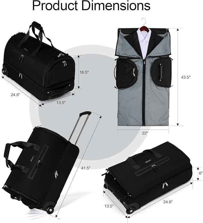 Modoker Convertible Rolling Garment Bag for Travel, Suit Travel Bag with Trolley, Garment Duffel Bag with Wheels & Shoes Compartment for Business Trip, Weekender - Black - Image 2