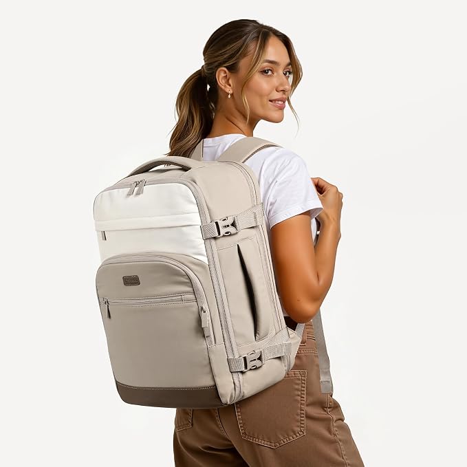 mibasies 40L Travel Backpack for Women & Men: Flight Approved Carry On Backpack, TSA Personal Item Bag with Water Bottle Pocket, Weekender Essentials Backpacks fits 17" Laptop - Khaki Ivory - Image 2