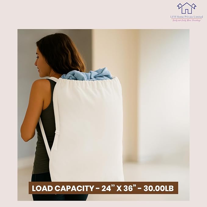 LFH Home Cotton Rich Canvas Extra Large Laundry Bag with Handle, Stylish Drawstring Heavy Duty Laundry Bags For Travel, Home, Hotel, College Dorm and Camp Storage Bag 24x36 Inch, White - Image 4