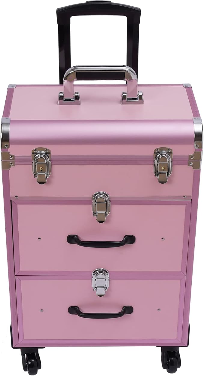 Rolling Makeup Case with Drawer Cosmetic Trolley 3 Tier Travel Cosmetic Organizer on Wheels Salon Barber Case for Makeup Artist Tattooist Nail Tech Hairstylists (Type D, Pink) - Image 4