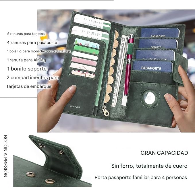 CONTACTS Full Grain Leather RFID Blocking Family Passport Holder for 4 Passport Wallet Compatible with Airtag Travel Passport Cover with 4 Passport Slot, 6 Card Slot (Green) - Image 2