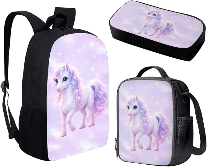 Forchrinse Horse Backpack and Lunch Box for Girls 8-10 3 PCS Bookbag with Lunch Bag Pencil Case Elementary School Back Pack Kids Primary Book Bags - Image 2