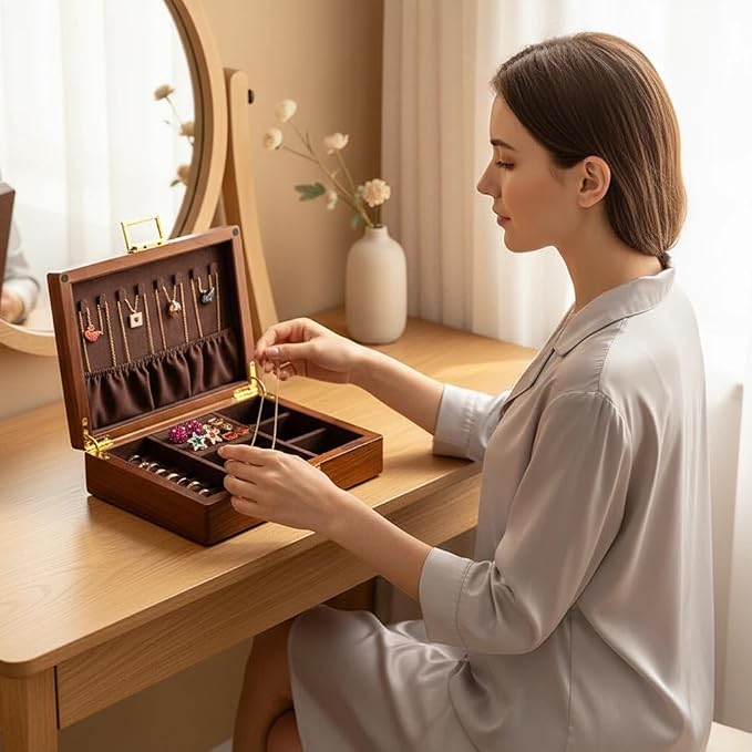 Solid Black Walnut Jewelry Box with Lock and Key Large Capacity Vintage Wooden Organizer for Women and Men Ring Necklace Earring Cufflink Storage Removable Dividers Gift for Christmas - Image 6