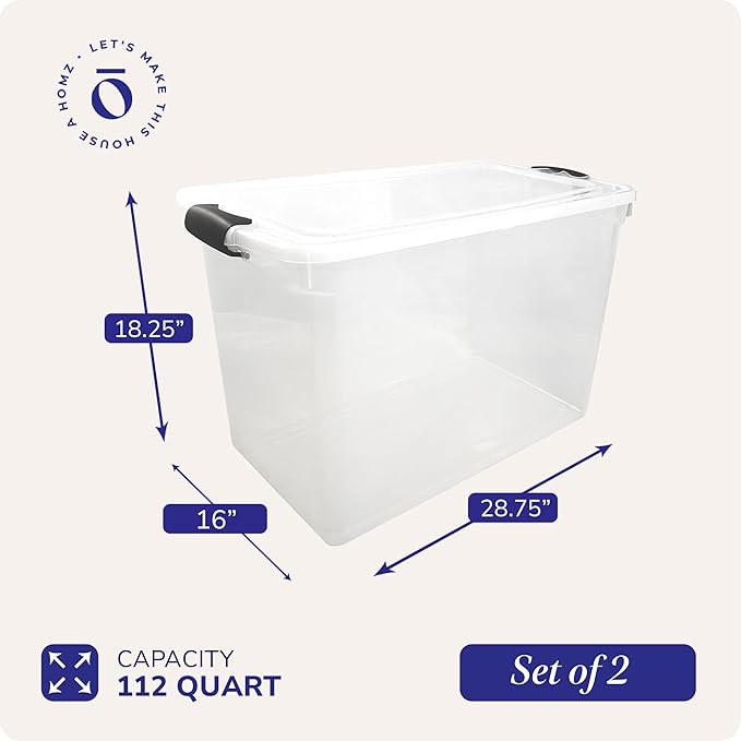 HOMZ 2-Pack Latching Lid, Large Clear Plastic Storage Bins w/Lids, 112 Quart, Gray Latch - Stackable Container Boxes for Home, Bathroom, and Office Organization - Image 4