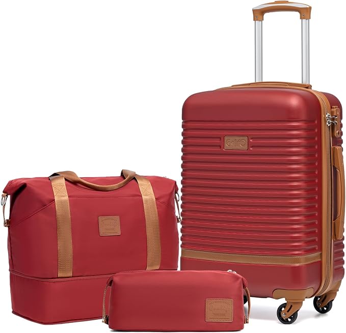 Coolife 3 piece luggage Carry On Suitcase Hardside TSA Lock,Red(DB/TB/20) | 360° Spinner Wheels;Convenient Trolley Sleeve;Water-Resistant Fabric;Fully-Lined Zipper Interior;Lightweight ABS by COOLIFE