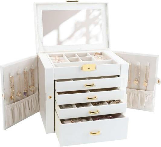 Jewelry Holder Organizer, Large Jewelry Boxes for Women, 5 Layers 4 Drawers Jewelry Box with Handle Jewelry Organizer for Earrings Rings Necklaces Bracelets, White by V-LafuyJewelryBox
