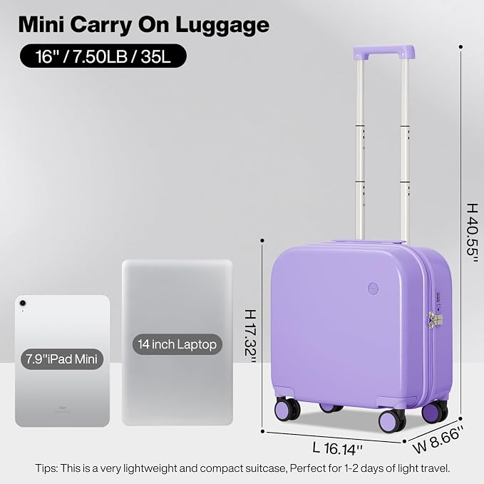 mixi Carry on Luggage, Suitcase with Spinner Wheels 16in Luggage Hardshell Lightweight Rolling Suitcases PC with Cover & TSA Lock, Lilac Purple - Image 6