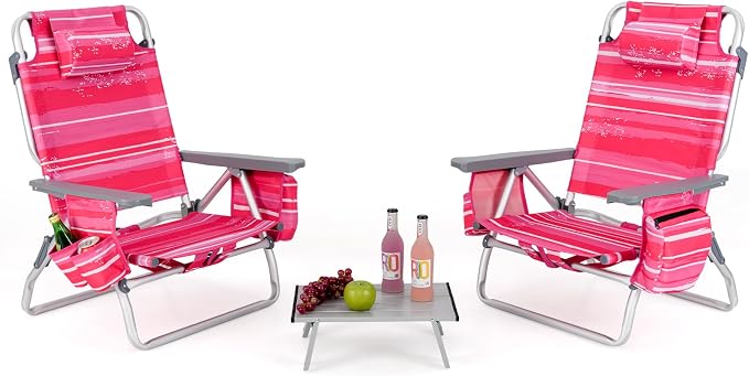 Giantex Folding Beach Chair, Patio Sling Chairs with 5 Adjustable Position, Head Pillow, Storage Bag, Towel Bar, Cup Holders, Backpack Chairs for Sunbathing, Camping Chair by Giantex