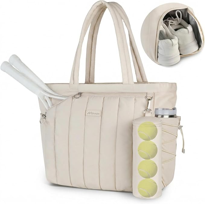 Quilted Tennis Tote Bag for Women Gym Duffle Bag with Shoe Compartment & Wet Pocket Fits 2-4 Rackets and 15.6" Laptop Overnight Weekend Sports Bag with Fence Hook(Large size) by Movker